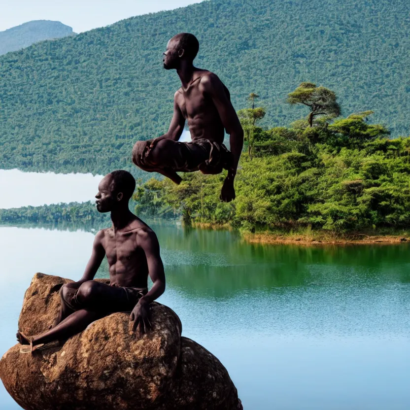 Prompt: an african man with wings sitting upon a large rock in the middle of a calm lake.