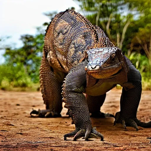 Image similar to a Komodo-Dragon with the armor of a pangolin, national geographic photograph