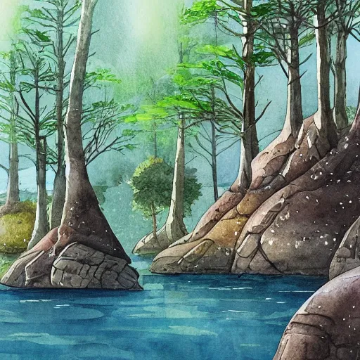 Image similar to beautiful natural scene filled with happy picturesque charming organic sci - fi pod homes. water, trees and rocks. beautiful light. grainy and rough. soft colour scheme. beautiful artistic detailed watercolor by lurid. ( 2 0 2 2 )