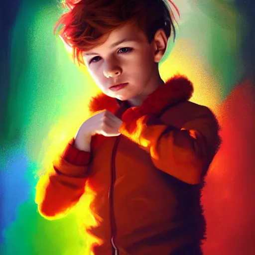 Image similar to colorful and festive captivating young child boy, brown fluffy hair, wearing red and yellow hero suit, making a two with his hand. full body, rich vivid colors, ambient lighting, dynamic lighting, 4 k, atmospheric lighting, painted, intricate, highly detailed by charlie bowater