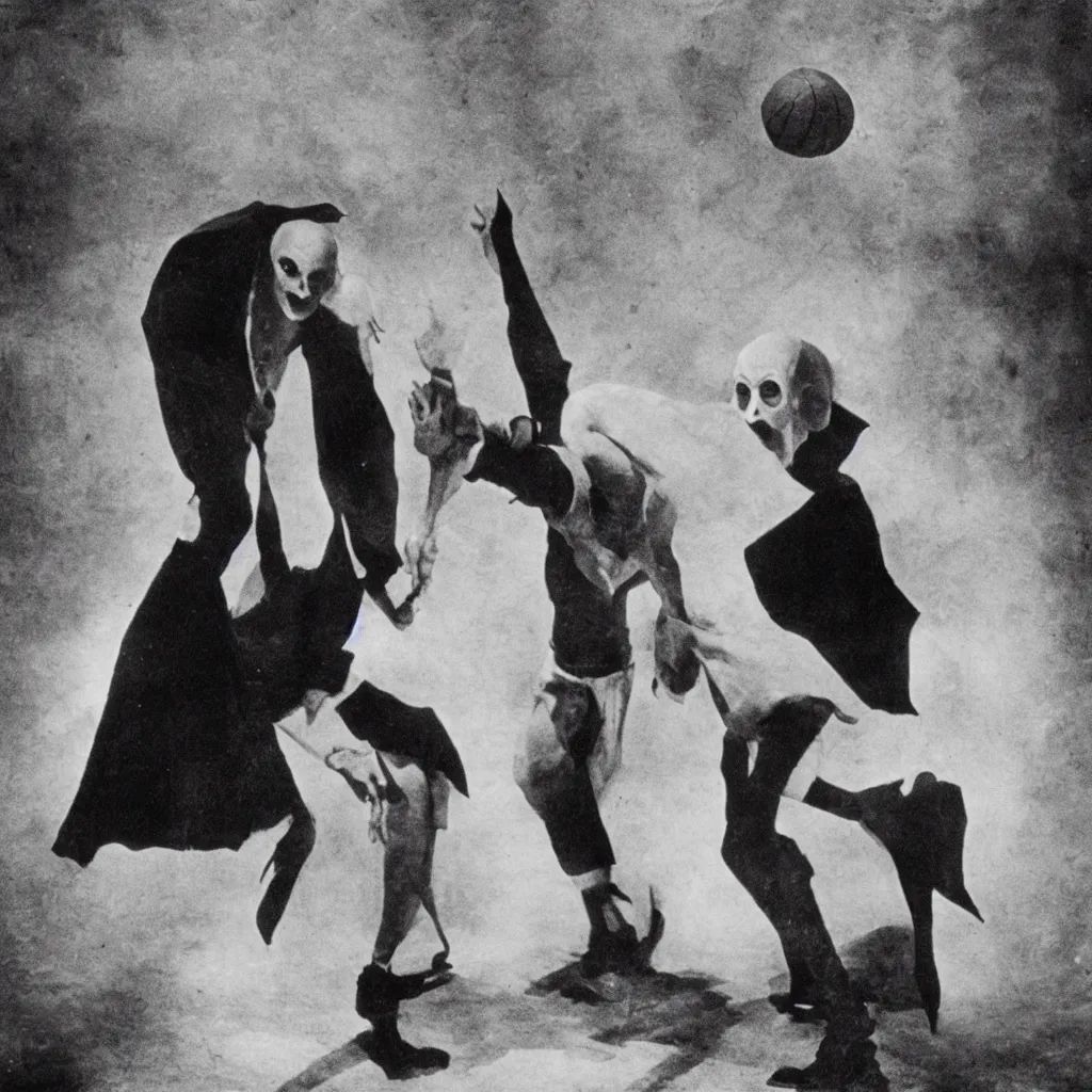 Prompt: nosferatu is playing basketball at the nba