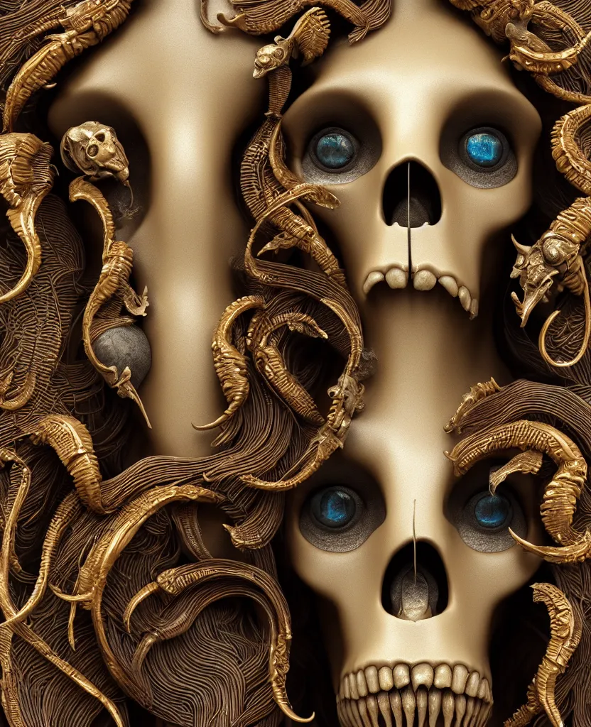 Image similar to goddess princess face close-up portrait ram skull. sculpture made of black clay and gold. jellyfish phoenix head, nautilus, orchid, skull, betta fish, bioluminiscent creatures, intricate artwork by Tooth Wu and wlop and beeple. octane render, trending on artstation, greg rutkowski very coherent symmetrical artwork. cinematic, hyper realism, high detail, octane render, 8k