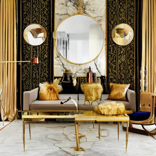 Prompt: mid century modern american life style living room interior by kelly wearstler, marble, gold, brass, mirror, glare, reflexes, animal skins, art, luxury, hyper realism, ultra detailed