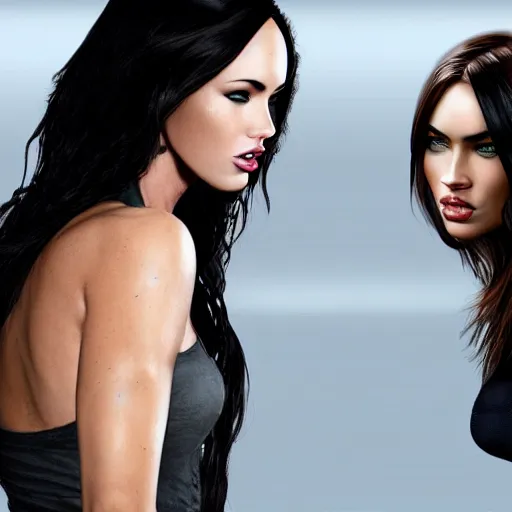 Prompt: dark haired attractive woman fighting with megan fox, photorealistic,