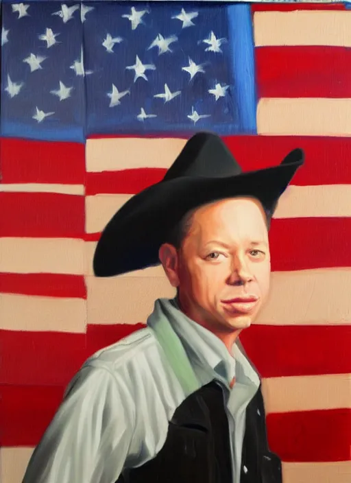 Image similar to oil painting portrait of brock pierce, american flag on background, cowboy style.