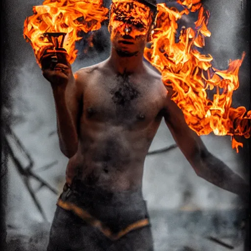 Prompt: realistic expired kodak film full body portrait of an fire performer,, hyperrealism, hypermaxiymalism, photorealistic, detailed, atmospheric, 8 k, award winning photography, cinematic