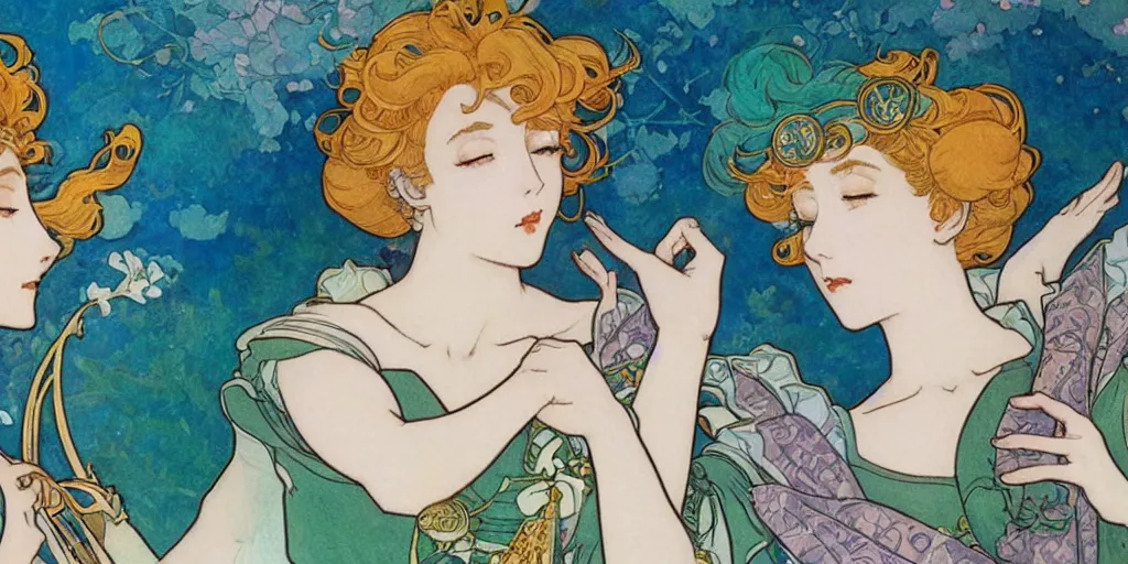 Prompt: a fresco of sailor neptune and sailor uranus dancing. beautiful, realistic painting by mucha and kuvshinov and bilibin. watercolor, thick lining, manga