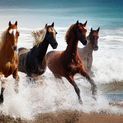 Image similar to close up of horses running through the waves on a beach with water splashing up, cinematographic shot, cartoon