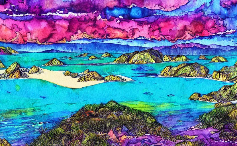 Image similar to golden bay abel tasman new zealand in the style of psychedelic watercolor painting, digital art, high quality, highly detailed, high coherence,, concept art, marterpiece
