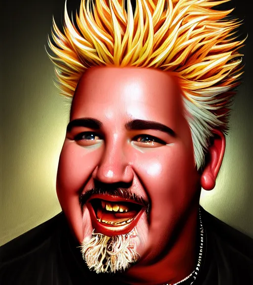 Image similar to portrait of a guy fieri happily gloating sitting upon a table with heightened detail, poised, intense emotion, detailed facial expression, detailed surroundings, intricate, elegant, highly detailed, centered, digital painting, artstation, concept art, smooth, sharp focus, illustration, by ( leonardo da vinci ), wlop