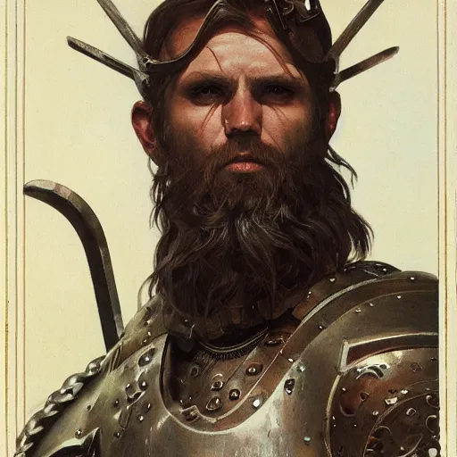 Image similar to rough-skinned, short-bearded undead Viking warrior with ice-pale skin wearing brutalist plate armor with art deco knotwork, by Greg Rutkowski, Brom, and Alphonse Mucha