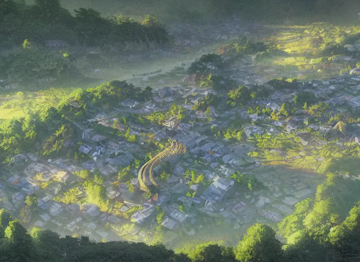 Image similar to concept art painting of a distant small woodland village in a valley seen from above, early morning, european japanese buildings, beside a river, cel shaded, detailed, by makoto shinkai and moebius and greg rutkowski and james gurney