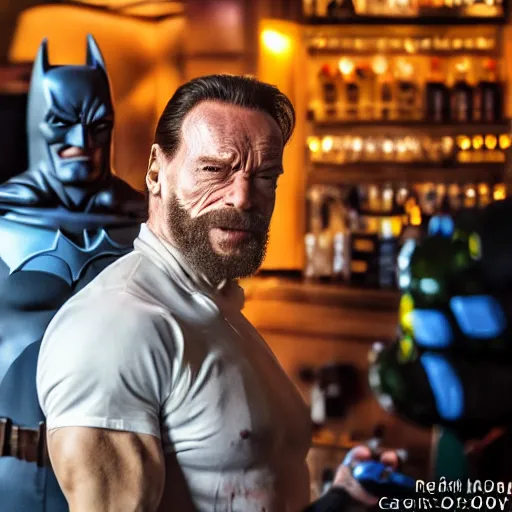 Prompt: Arnold Shvarzenegger as Barman, DC Comics, The Batman (2022), Canon EOS R3, f/1.4, ISO 200, 1/160s, 8K, RAW, unedited, symmetrical balance, in-frame