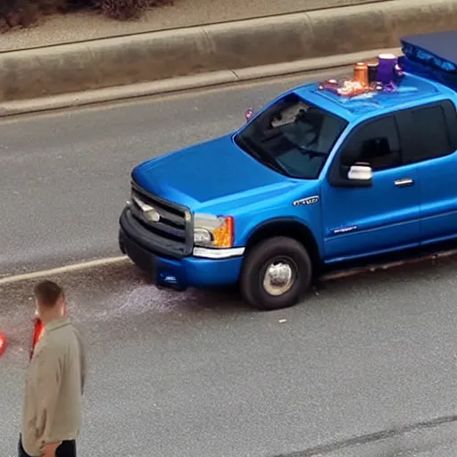 Prompt: man in a blue pickup truck, drunk driving in a church parking lot, security camera footage