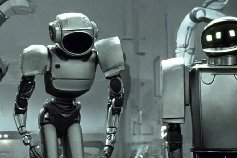 Image similar to a movie still from the 1985 summer blockbuster movie Back to the Robots directed by Steven Spielberg
