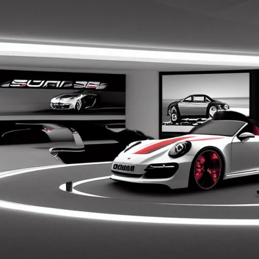 Image similar to car showroom, full image, concept for a german muscle car inspired by a Porsche 911 Turbo S