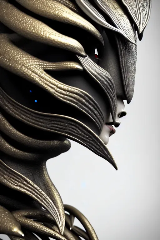 Image similar to bw close - up profile face, black background, beautiful young porcelain vegetal - dragon - cyborg - female, 1 5 0 mm, beautiful natural soft rim light, silver gold details, magnolia leaves and stems, roots, mandelbot fractal, elegant, ultra detailed, white metallic armour, octane render, h. r. giger style