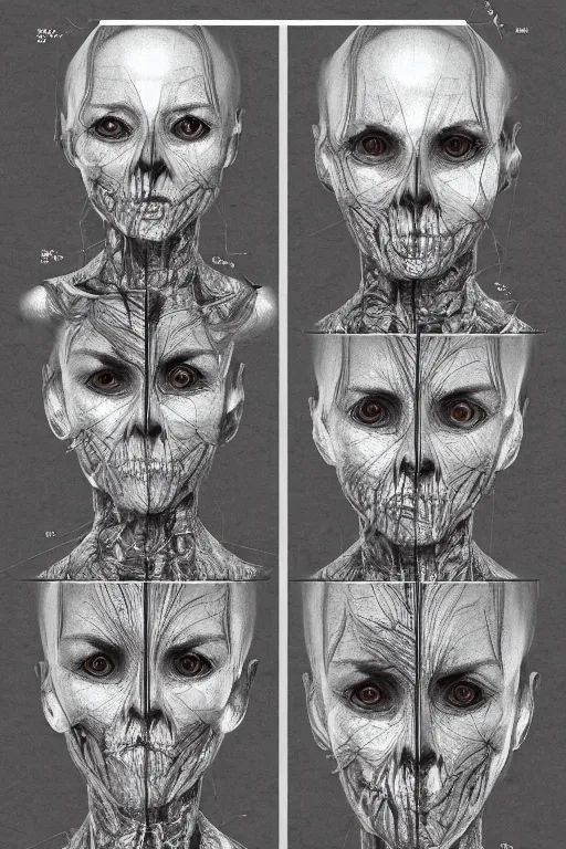 Image similar to french facial anatomy with gunmetal grey skin, medical anatomy, very symmetrical face, highly detailed, three - perspective / three - view reference sheet ( front / back / side ), in the style of dan ouellette, steven jung, amanda lilleston, hr giger, sil from species, dren from splice, mecha, artstation, unreal engine