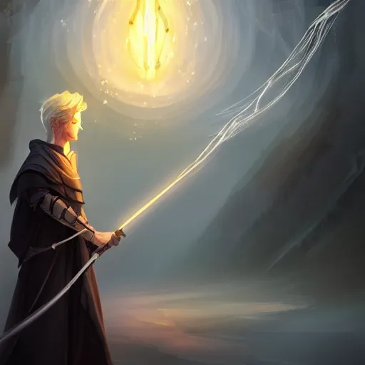 Image similar to Young, handsome wizard with a blonde ponytail wearing exquisite black robes, a spider cloak and wielding a legendary staff of light. Magic flux. High fantasy, digital painting, HD, 4k, detailed.