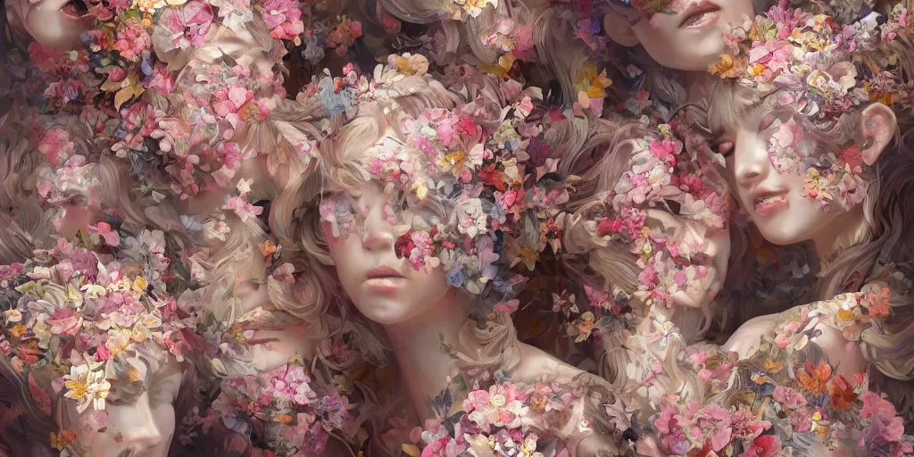 Image similar to breathtaking detailed concept art painting kaleidoscope art deco pattern of blonde faces goddesses amalmation flowers, by hsiao - ron cheng, bizarre compositions, exquisite detail, extremely moody lighting, 8 k