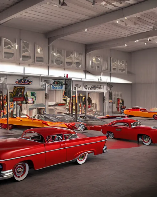 Image similar to indoors of car show pavilion with great cars of 1950s with stages like drive in and gas station, volumetric lighting, 1950s palette, hyper realism, high detail, octane render, high contrast , 8k