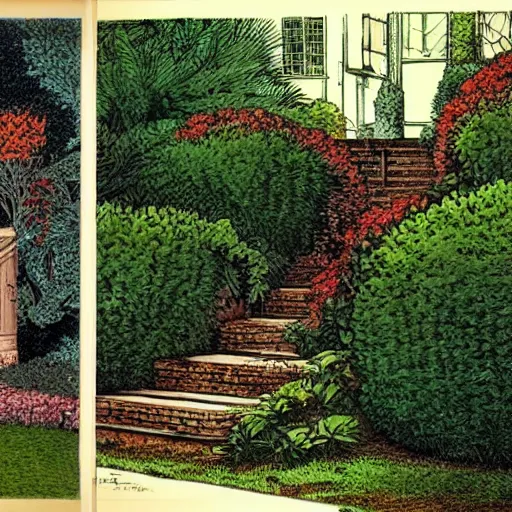 Image similar to old white house small stairs into lush garden, drawing moebius