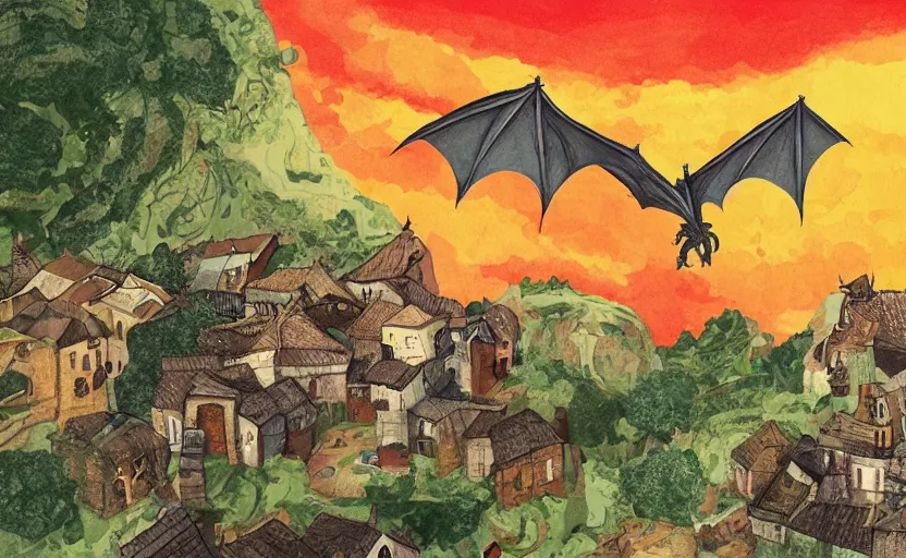 Image similar to dragon flying over a village, storybook, gouache, flat, concept art, lush, sharp focus