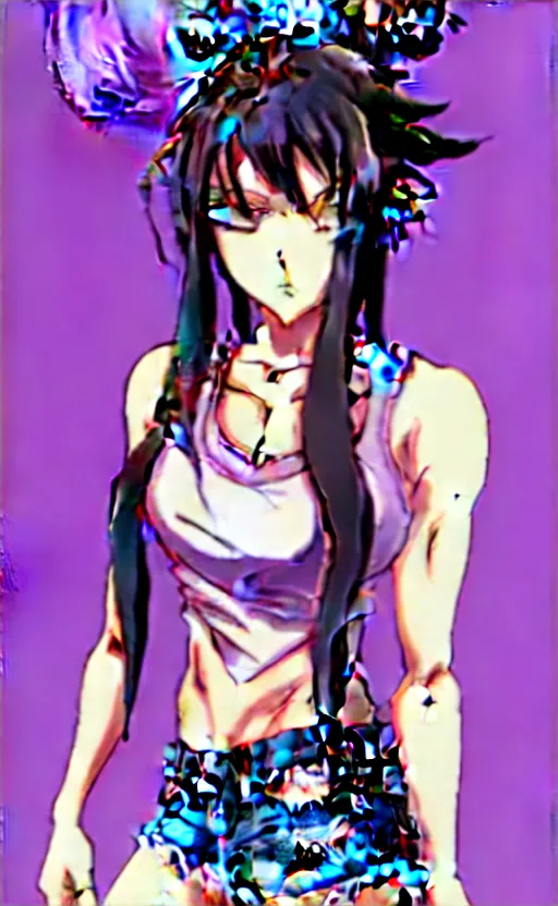 Image similar to style of madhouse studio anime, black lagoon manga, loish, artgerm, comic art, portrait of revy from black lagoon, symmetrical eyes and symmetrical face, jean shorts, white tank top, purple hair, sarcastic evil smirk on face, sky and ocean background