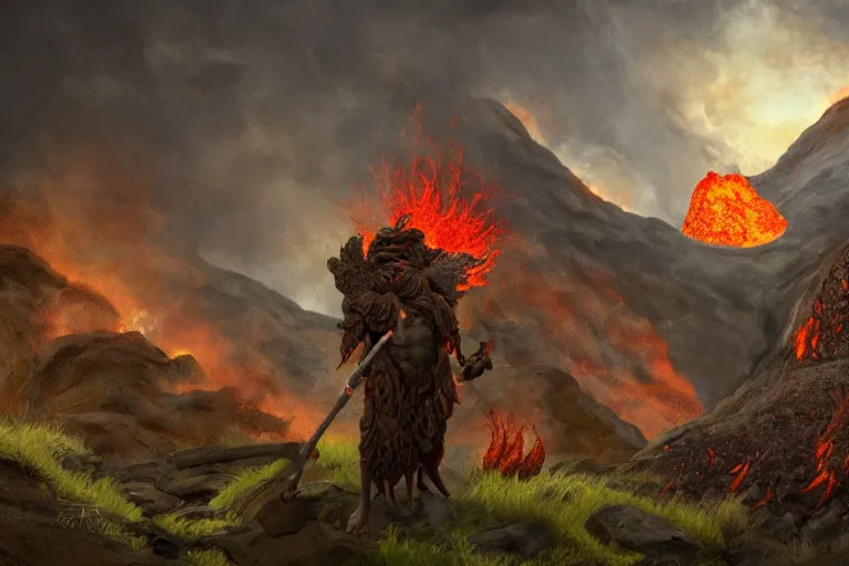 Image similar to a fire and lava god, in a volcano landscape, natural lighting, a small circle of flowers around him, very detailed, 8 k, by pre - raphelites, artstation