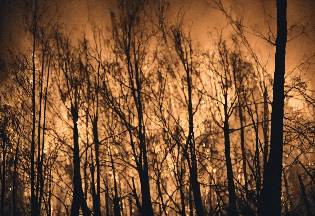 Prompt: had the treelines shine in the night sky till it all burned down in a wildfire, cinestill, lomo, bokeh, out of focus, night, dramatic lighting