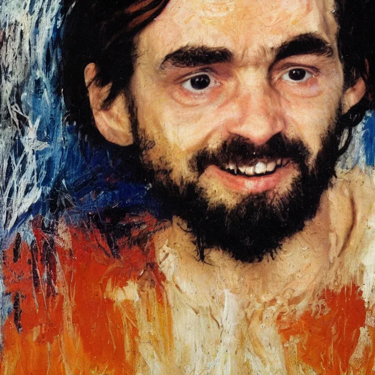 Image similar to Beautiful warmly lit close up studio portrait of young teenage Charles Manson sweetly smiling, impasto oil painting heavy brushstrokes by Cy Twombly and Anselm Kiefer , trending on artstation dramatic lighting abstract Expressionism