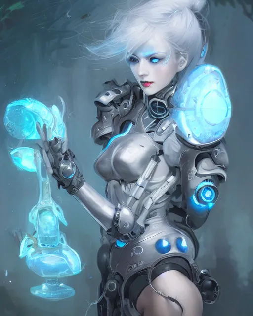 Image similar to holy cyborg necromancer girl, elegant, scifi, futuristic, utopia, garden, illustration, atmosphere, top lighting, blue eyes, white hair, beautiful, artstation, highly detailed, art by yuhong ding and chengwei pan and serafleur and ina wong