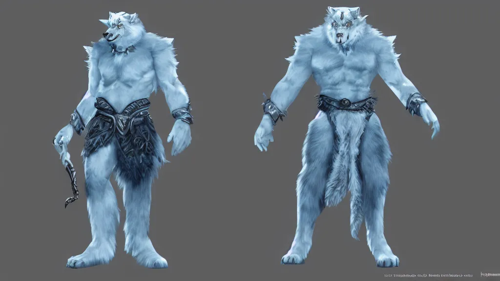 Image similar to a fantasy giant blue wolf with white tribal paint character design sheet, trending on artstation