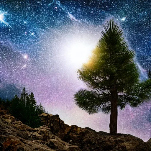 Image similar to a photograph of a pine tree on top of a rocky mountain, star shining in space, highly detailed, sharp focus, cinematic, hyperrealism, photorealistic