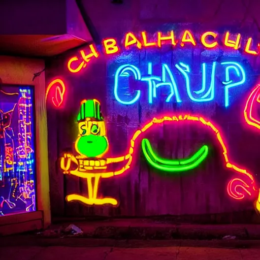 Prompt: El Chapulin Colorado in a Cyberpunk world, futuristic, neon lighting