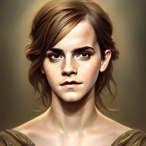 Prompt: emma watson portrait of forest gog, male, clear face, symetrical, masculine, full body, muscular, fantasy, intricate, elegant, highly detailed, digital painting, artstation, concept art, matte, sharp focus, illustration, art by artgerm and greg rutkowski and alphonse mucha