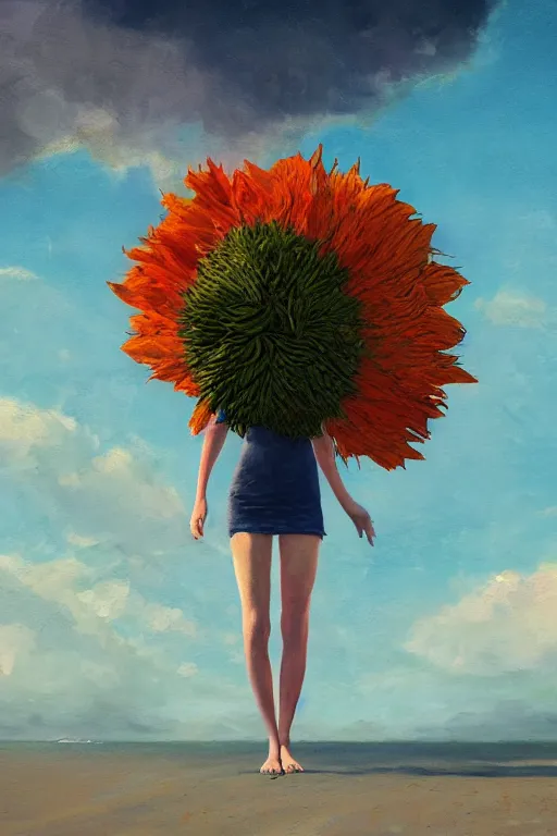 Prompt: closeup, giant flower head, a girl on the beach, surreal photography, wind and cold, dramatic sky, impressionist painting, digital painting, artstation, simon stalenhag