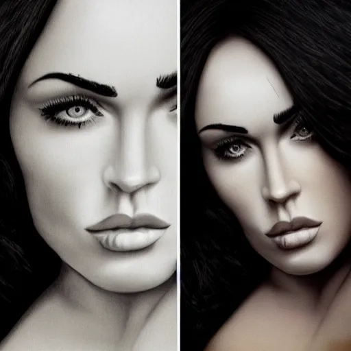 Image similar to “Megan Fox Coal paintings, ultra detailed portrait, 4k resolution”