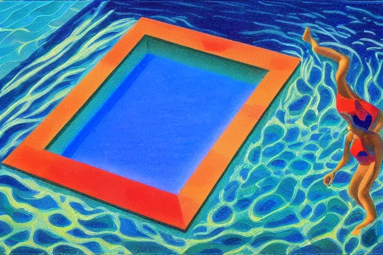 Image similar to a stunning wpa style painting of a prism floating at the bottom of a swimming pool, award winning art