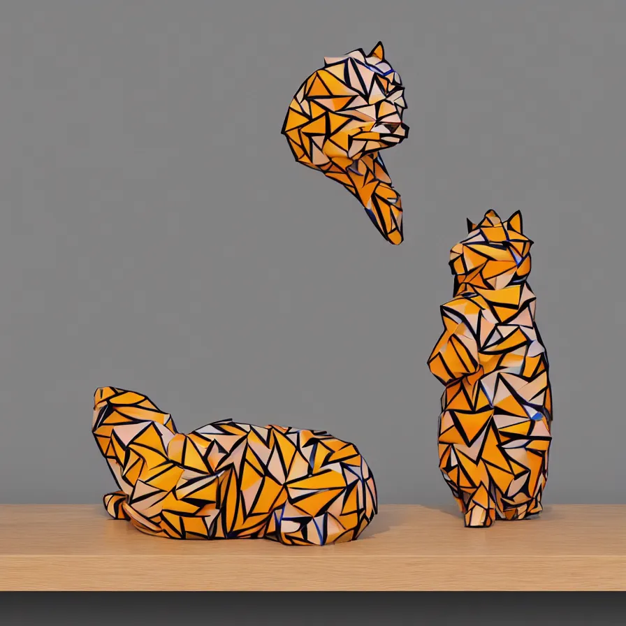 Prompt: beautiful gallery show studio photograph of a giant realistic geometric ceramic sculpture of garfield cat!!!!, heavily glazed by bridget riley and victor vasarely, placed on a polished wooden table, colorful hyperrealism 8 k trending on artstation