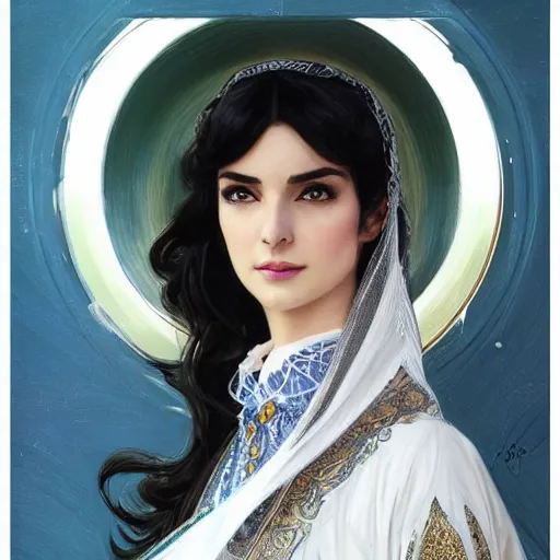 Prompt: Ameera al-Taweel, blue eyes, wavy black hair, white veil, highly detailed, digital painting, artstation, concept art, smooth, sharp focus, illustration, ArtStation, art by artgerm and greg rutkowski and alphonse mucha and J. C. Leyendecker and Edmund Blair Leighton and Katsuhiro Otomo and Geof Darrow and Phil hale and Ashley wood and Ilya repin and Charlie Bowater