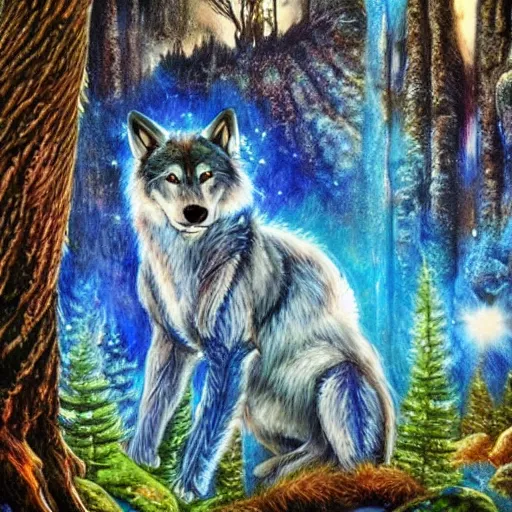 Image similar to humanoid wolf in an enchanted forest with a blue hue and blue fireflie and a waterfall in the distance that magically glows blue, insanely detailed