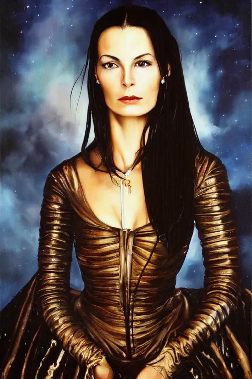 Image similar to hyperrealism oil painting, close - up portrait of carole bouquet medieval brunette vampire fashion model, knight, steel gradient mixed with nebula sky, in style of baroque