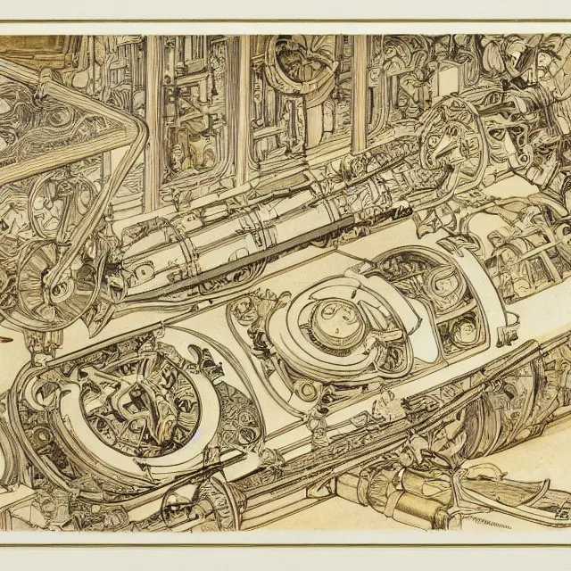 Image similar to detailed, intricate technical drawings on parchment from 1 8 4 0, with labels and notes, for a beautiful, symmetric, art deco submarine cutaway, by ron cobb and alphonse mucha