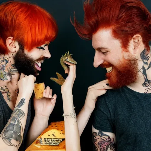 Image similar to an attractive slender woman with red orange hair and a man with a dark beard and tattoos are very happy amongst cheese and lizards