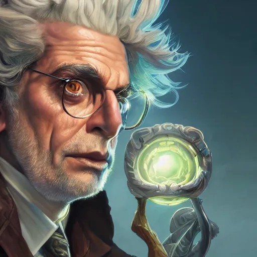 Prompt: Closeup of realistic Rick Sanchez, fantasy, intricate, elegant, highly detailed, digital painting, artstation, concept art, matte, sharp focus, illustration, hearthstone, art by Artgerm and Greg Rutkowski and Alphonse Mucha