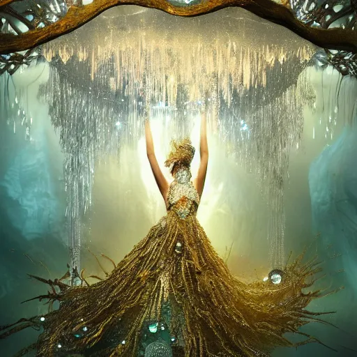 Prompt: under an intricate like jewels epic forest suspended in the air upside down, a pool with intricate and surreal epic circles of water within which float phantasmagoric robotic humanoids, dressed in intricate veils and jewels, epic environment, matte painting, diffused lighting, highly detailed, cinematic, epic atmosphere, digital art, trending on artstation, depth of field, wide angle