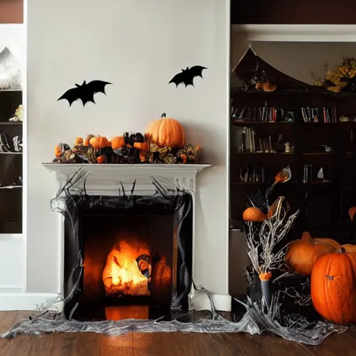 Prompt: a realistic photo of a fireplace mantle decorated for halloween, with black bats on the wall, and pumpkins on the floor, photorealism, dramatic lighting