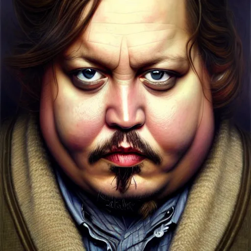 Image similar to wideangle!! portrait shot of fat johnny depp, intricate, elegant, highly detailed, centered, digital painting, artstation, concept art, smooth, sharp focus, illustration, artgerm, tomasz alen kopera, peter mohrbacher, donato giancola, joseph christian leyendecker, wlop, boris vallejo