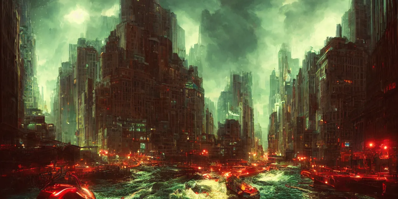 Prompt: street level view of turbulent river rapids rushing through a city at night , volumetric lighting, green and red glowing lights, 4k, octane, digital painting, artstation, concept art, sharp focus, illustration, high contrast, high saturation , cinematic film still, by by artgerm and greg rutkowski and alphonse mucha , wide angle view